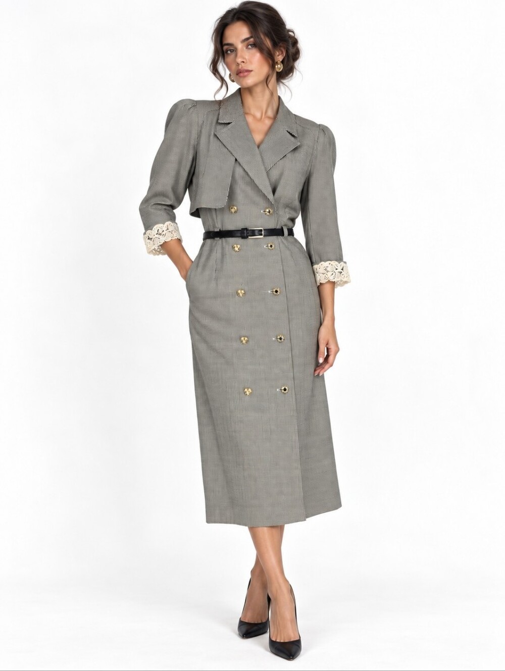 Escada Margaretha Ley Vintage Houndstooth Belted Midi Trench Dress Size 38 M